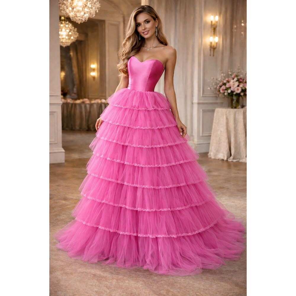 Faeriesty Hot Pink Strapless Tiered Tulle Prom Gown Princess Size Small